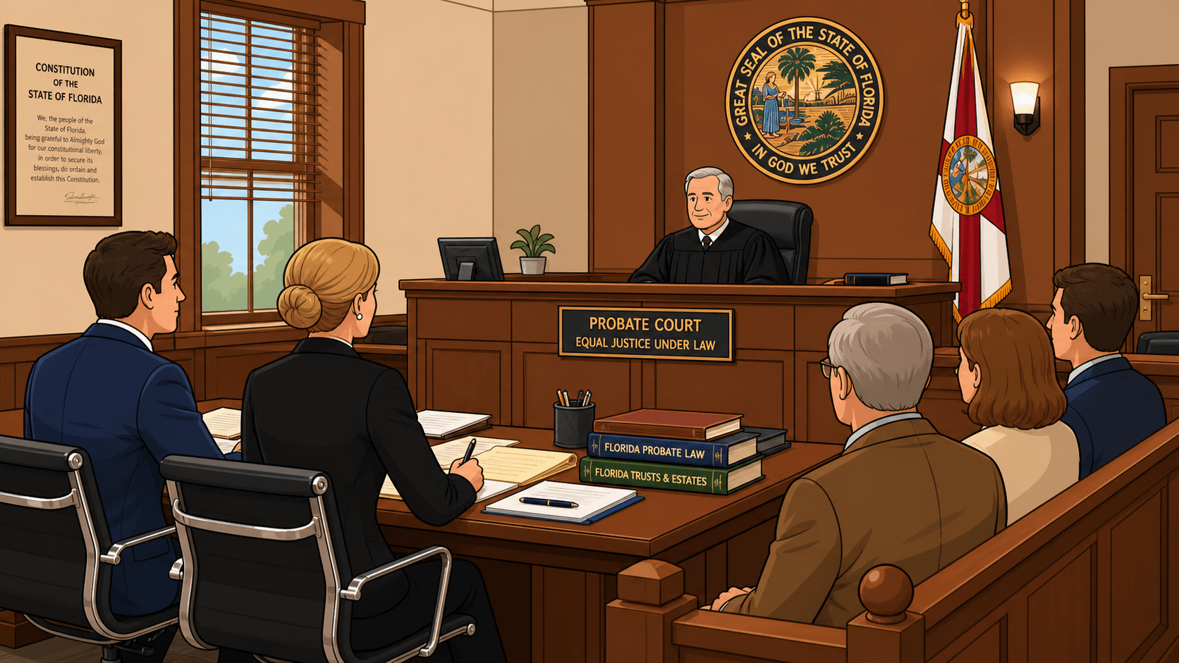 A clean cartoon‑style illustration of a Florida probate courtroom, showing a judge on the bench, two attorneys at counsel table, and family members in the gallery, used for a law firm blog about probate litigation and contested estates.